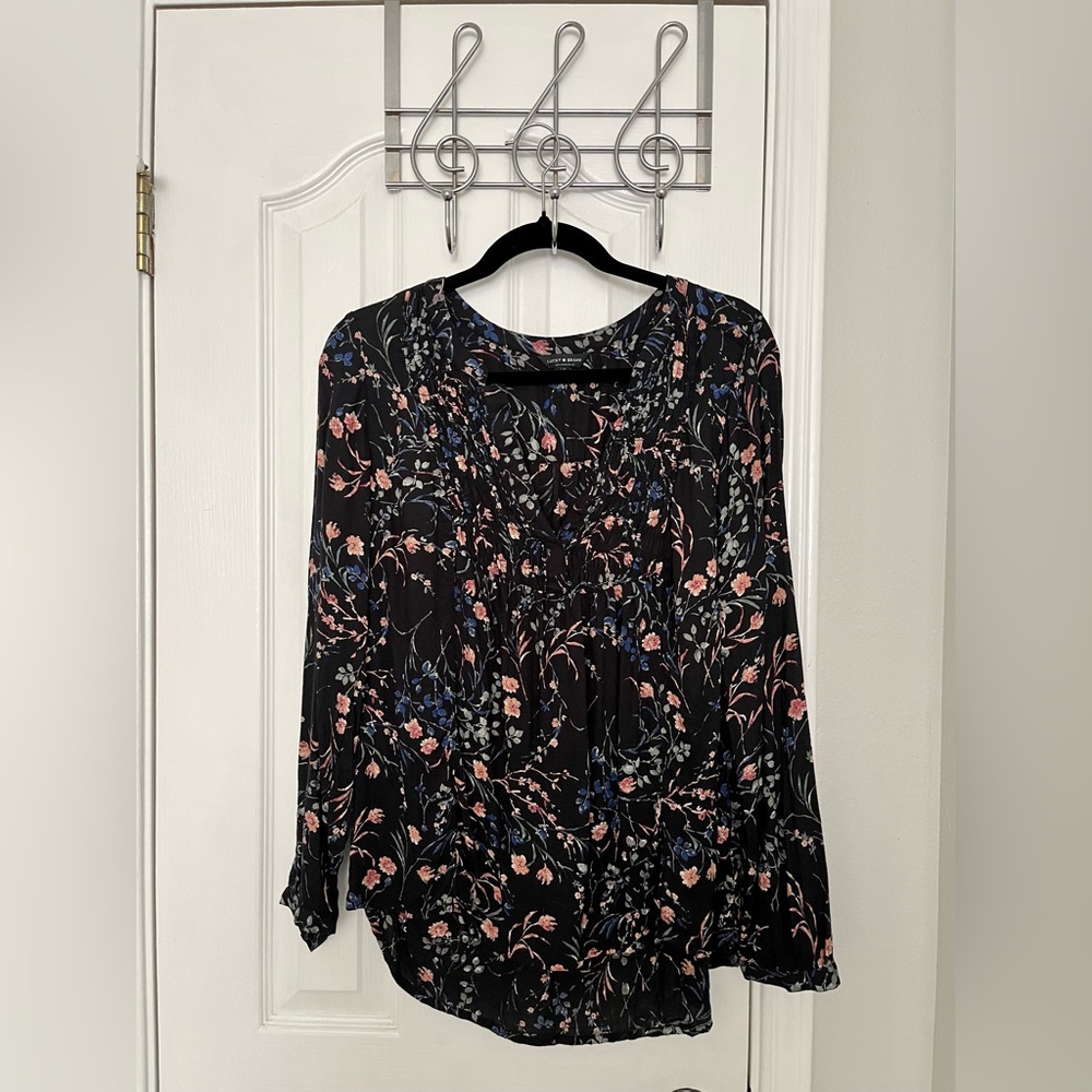 Lucky Brand Black Floral Long-Sleeve Blouse with Pink and Blue Flowers